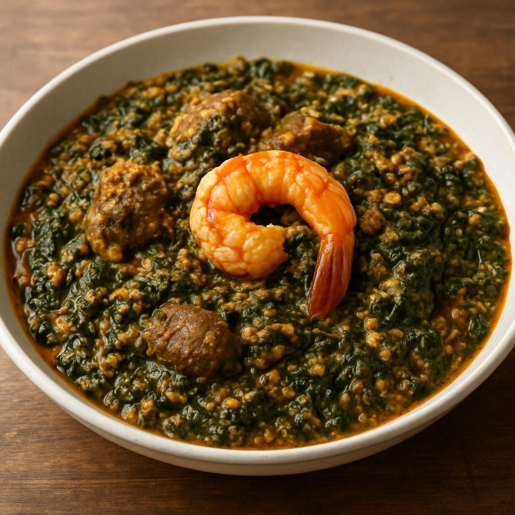 Entree: Cameroon – Southern Culinary Region – Ndolé (A hearty Cameroonian stew of bitter leaves cooked with ground peanuts and meat or seafood) recipe