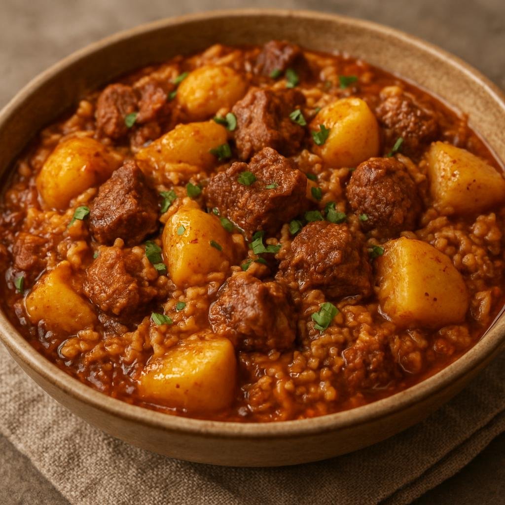 Entree: Djibouti – Southern Culinary Region – Skoudehkaris (One-pot Djiboutian spiced meat and rice stew with potatoes and warm aromatic spices) recipe
