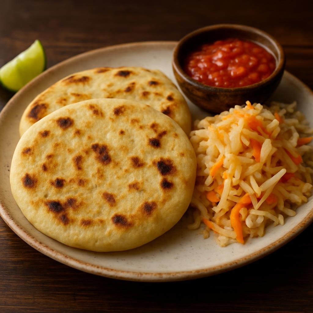 Entree: El Salvador – Southern Culinary Region – Pupusas (Thick handmade corn tortillas stuffed with cheese and fillings served with tangy pickled cabbage and tomato salsa) recipe