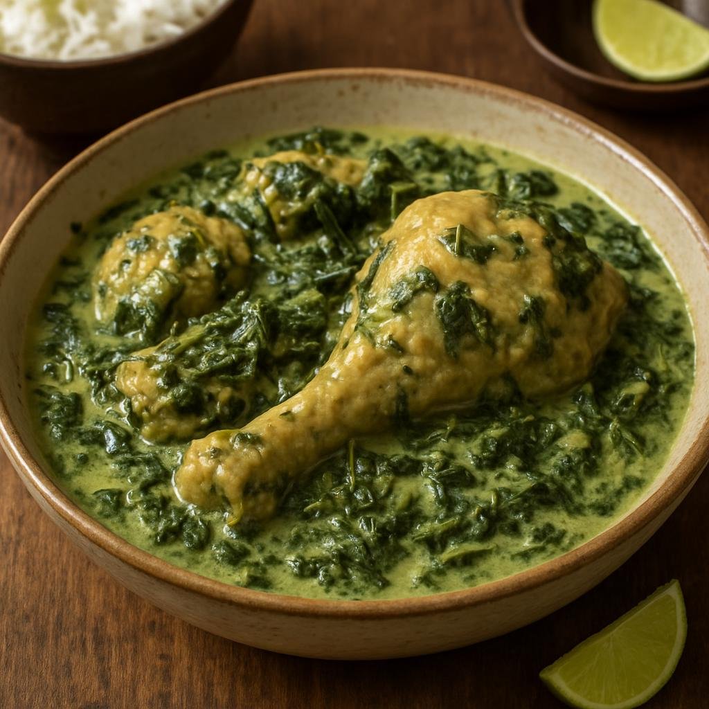 Entree: French Polynesia – Southern Culinary Region – Poulet Fafa (Chicken cooked with taro leaves in fragrant coconut milk) recipe