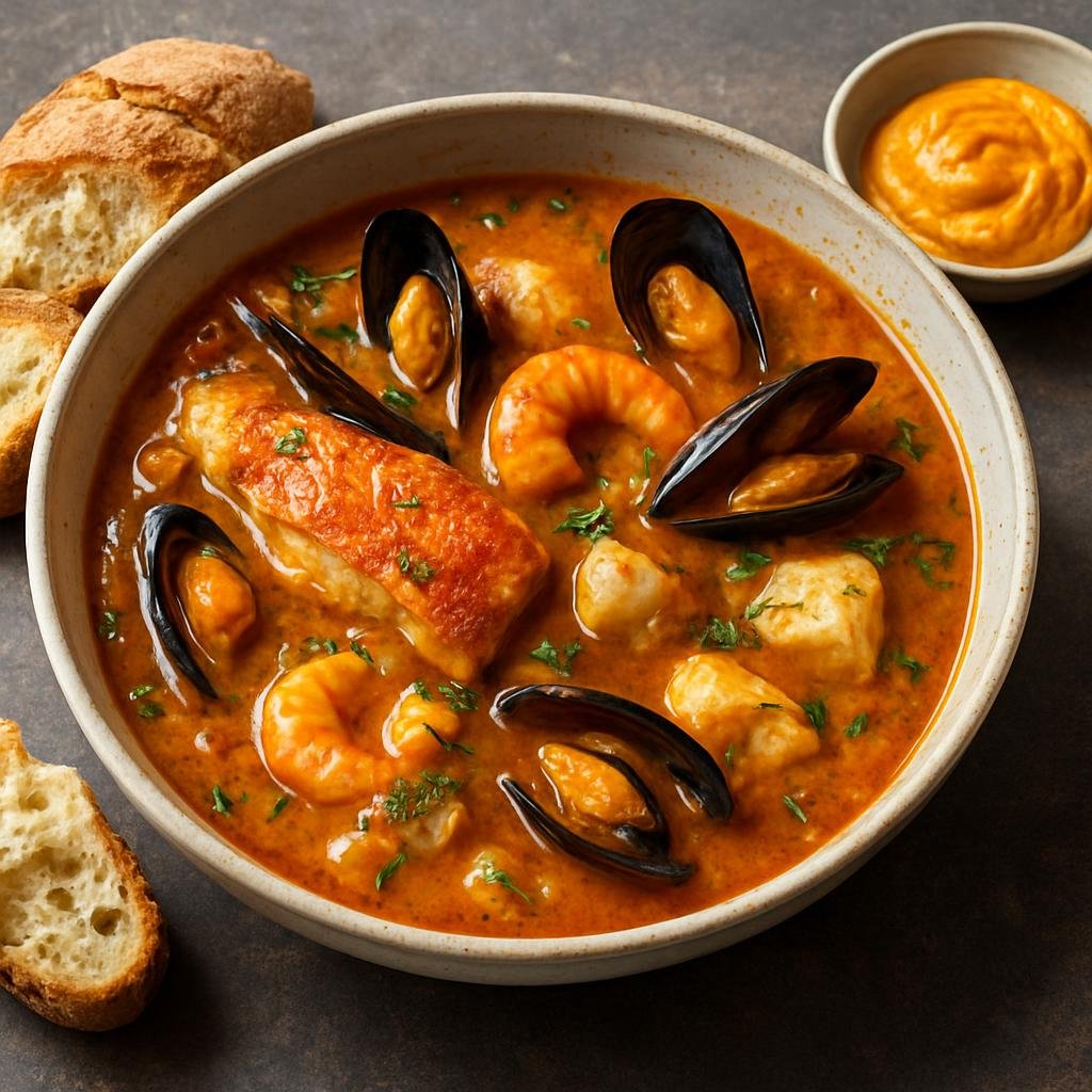 Entree: French Southern Territories – Southern Culinary Region – Bouillabaisse (Provençal-style fish and shellfish stew flavored with saffron, aromatics, and served with crusty bread and rouille) recipe