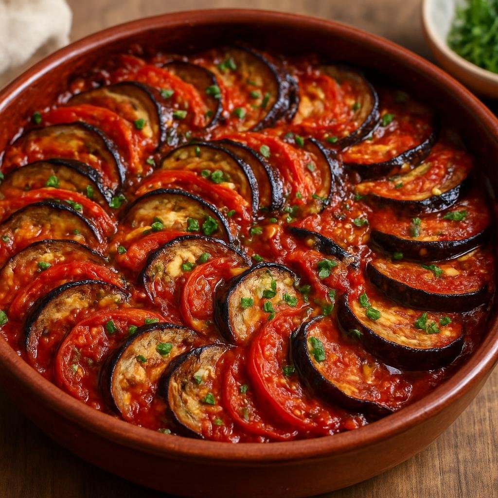 Entree: Spain – Balearic Islands – Tumbet (Layered fried and baked Mediterranean vegetables in a garlicky tomato sauce served as a hearty main vegetable bake) recipe
