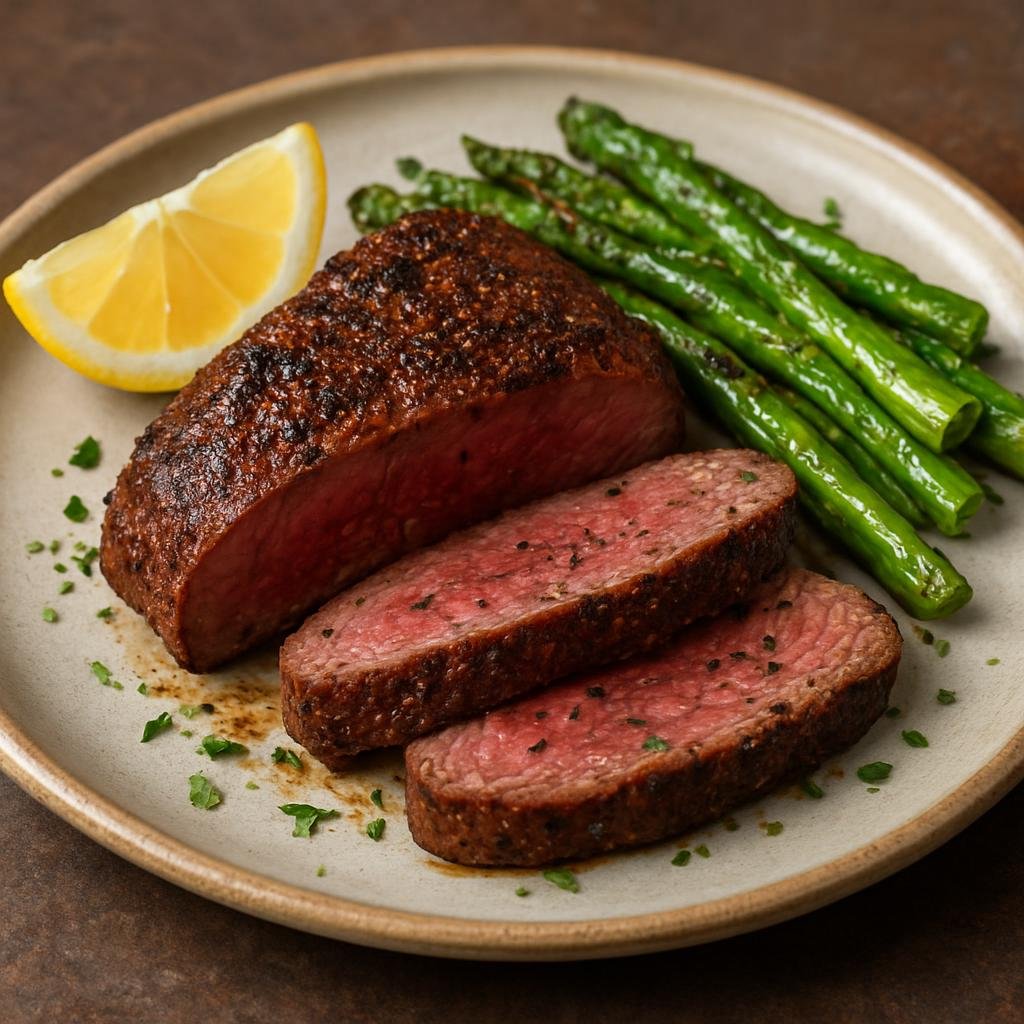 Entree: Australia – Northern Territory – Kangaroo Steak (Seared kangaroo loin steaks seasoned with native Australian spices and lemon for a lean, gamey main) recipe