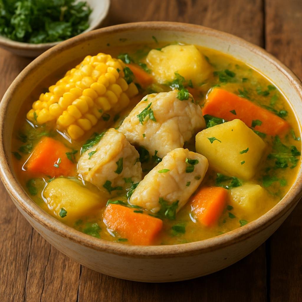Entree: Colombia – Caribbean Coast – Sancocho de Pescado (Hearty Caribbean fish stew of firm white fish simmered with root vegetables, corn, aromatics, and cilantro) recipe