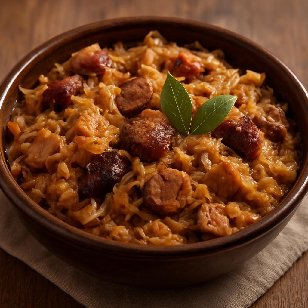 Entree: Poland – Mazovia / Warsaw – Bigos (Traditional Polish hunter’s stew of sauerkraut, fresh cabbage, and mixed meats) recipe