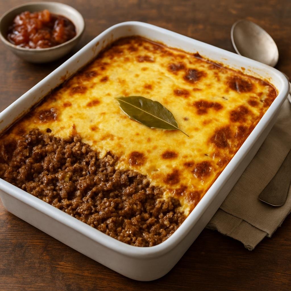 Entree: South Africa – Johannesburg & Gauteng – Bobotie (Baked spiced minced meat casserole with a savory egg and milk custard topping) recipe