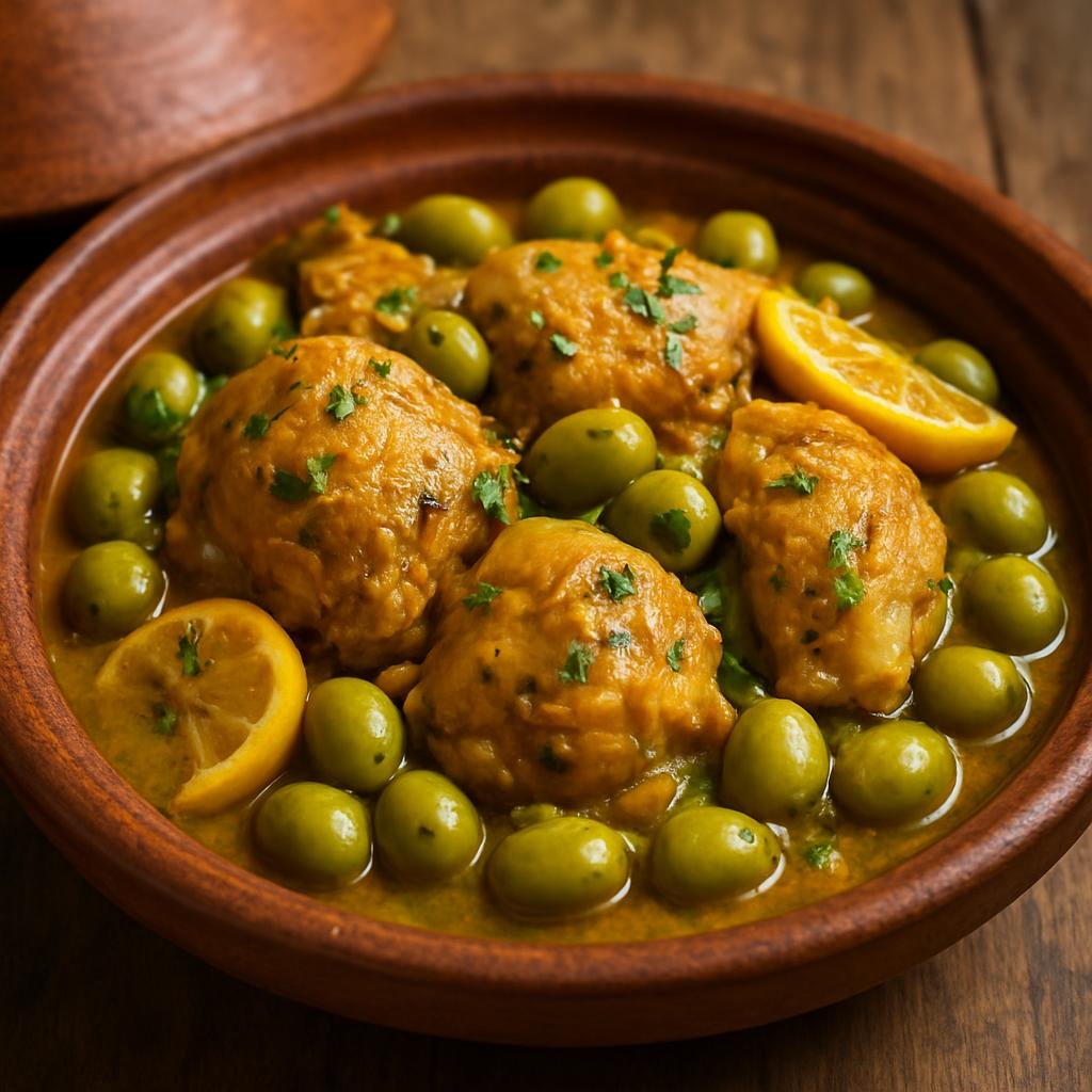 Entree: Algeria – Kabylie – طاجين الزيتون ➤ Tājīn az-Zaytūn (Slow-braised chicken with green olives and preserved lemon cooked in a tajine) recipe