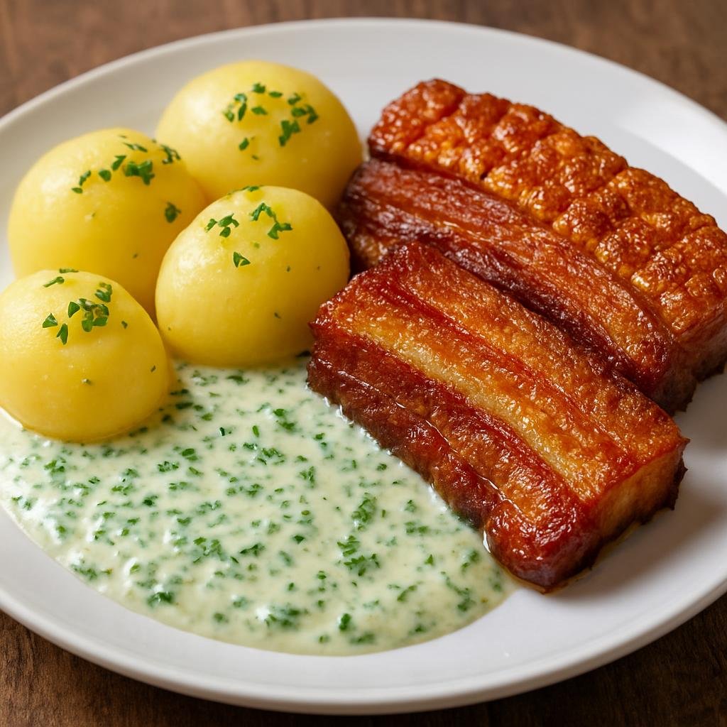 Entree: Denmark – Funen – Stegt Flæsk med Persillesovs (Crispy fried pork belly served with a creamy parsley sauce and boiled potatoes) recipe