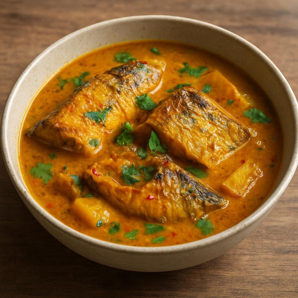 Entree: Myanmar – Rakhine Coastal – ရခိုင်ငါးဟင်း ➤ Rakhine nga hin (Spicy coastal fish curry with turmeric, tamarind, and coconut typical of Rakhine cuisine) recipe