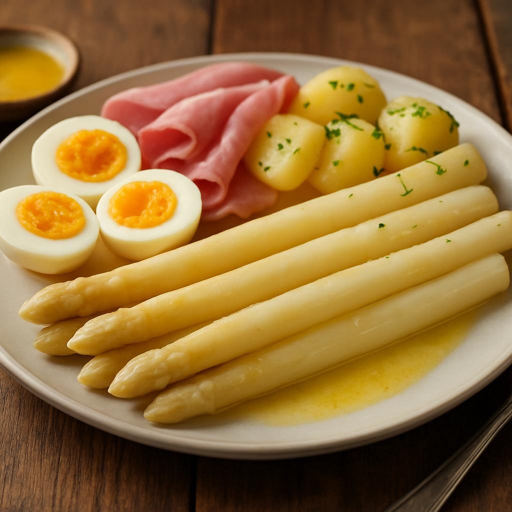 Entree: Netherlands – Limburg – Limburgse Asperges (Seasonal white asparagus from Limburg, typically boiled and served with warm butter, boiled eggs, ham, and potatoes) recipe