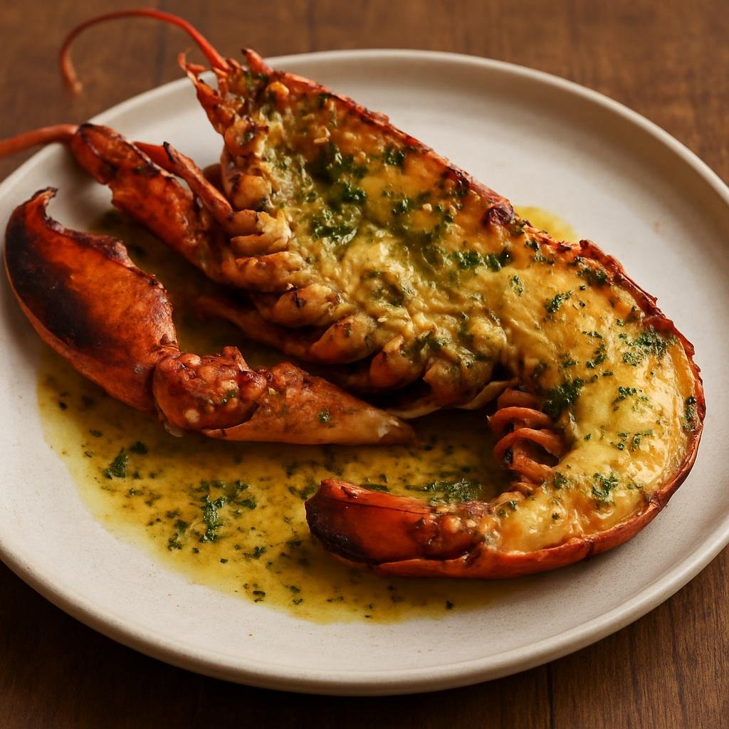 Entree: British Indian Ocean Territory – Southern Culinary Region – Grilled Lobster with Garlic Butter (Split and grilled whole lobster basted with a rich garlic and herb butter sauce) recipe