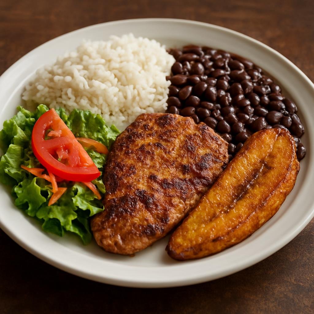 Entree: Costa Rica – Southern Culinary Region – Casado (Traditional Costa Rican plated meal of rice, beans, plantain, salad and a grilled or fried protein served together as a complete lunch) recipe