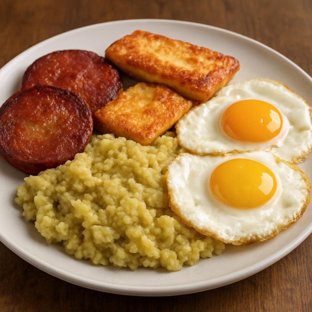 Entree: Dominican Republic – Southern Culinary Region – Mangú con Los Tres Golpes (Mashed green plantains served with fried salami, fried cheese, and fried eggs) recipe