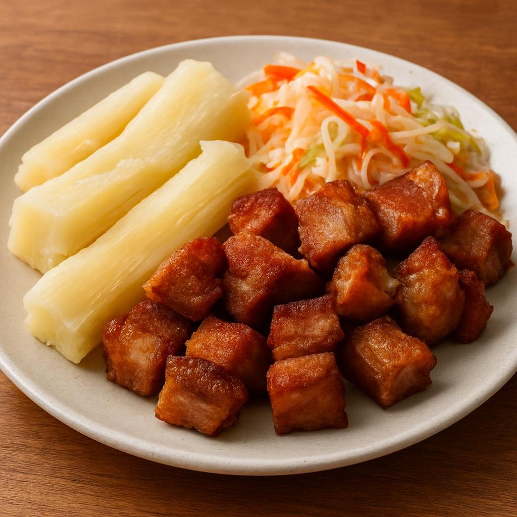 Entree: El Salvador – Southern Culinary Region – Yuca con Chicharrón (Boiled and fried cassava served with crispy fried pork and tangy pickled cabbage) recipe