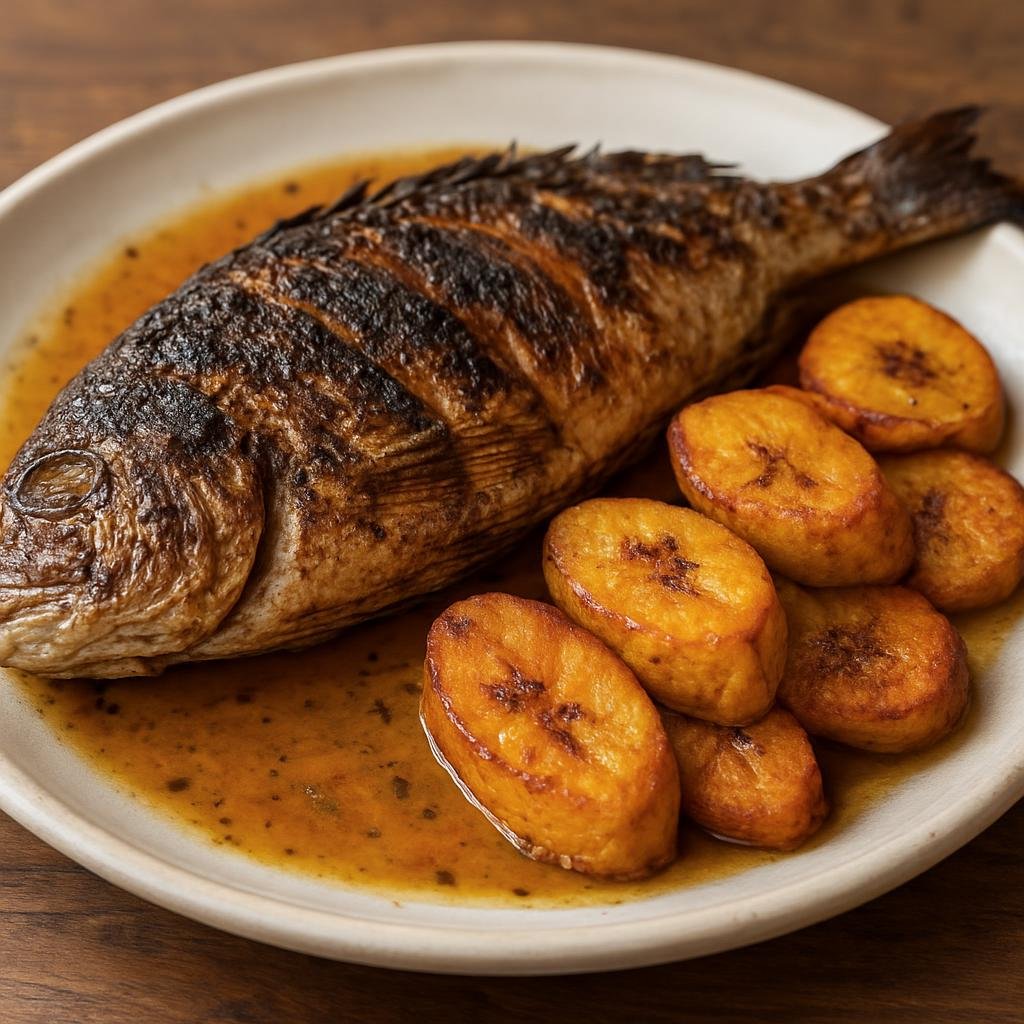 Entree: Equatorial Guinea – Southern Culinary Region – Grilled Fish with Plantains (Marinated and grilled whole fish served with fried ripe plantains and a simple pan sauce) recipe