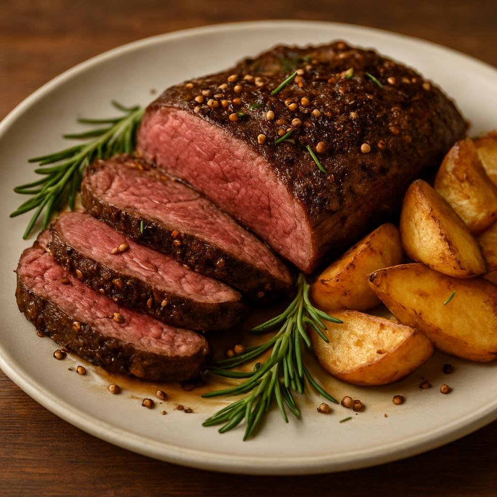 Entree: Eswatini – Southern Culinary Region – Karoo Roast Ostrich (Karoo-style roasted ostrich seasoned with toasted coriander and rosemary, seared and oven-roasted to tender medium-rare) recipe