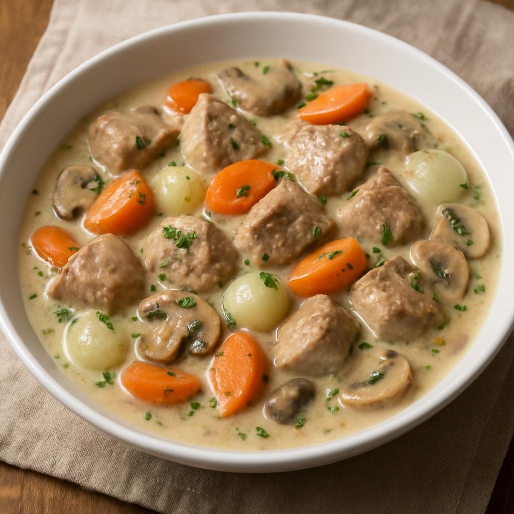 Entree: French Southern Territories – Southern Culinary Region – Blanquette de Veau (A classic French white stew of tender veal simmered in a creamy velouté with vegetables and mushrooms) recipe