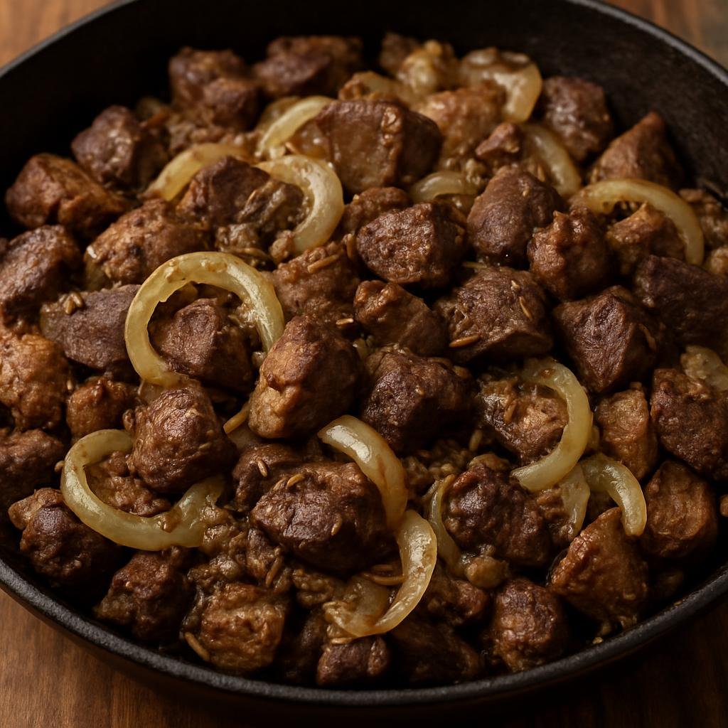 Entree: Kazakhstan – Western Steppe Kazakhstan – Қуырдақ ➤ Quyrdaq (Pan-fried lamb and organ meat skillet with onions and cumin, a hearty Kazakh meat dish) recipe