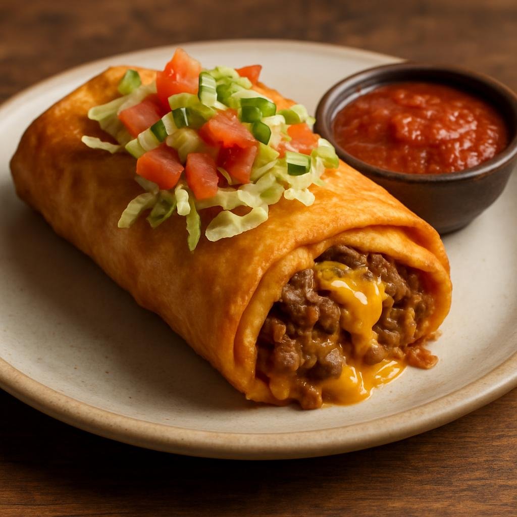 Entree: United States – Arizona-Sonoran – Chimichanga (Deep-fried flour tortilla stuffed with seasoned meat, beans, and cheese, served with salsa and toppings) recipe