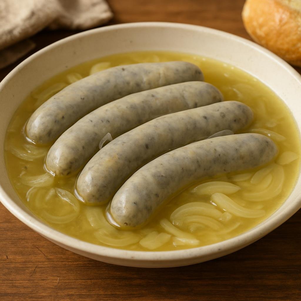 Entree: Germany – Franconia – Blaue Zipfel (Mild pork bratwursts gently poached in a tangy onion, white wine and vinegar broth until lightly bluish and flavorful) recipe