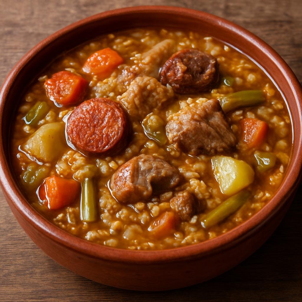 Entree: Spain – Balearic Islands – Arroz Brut (Hearty Mallorcan brothy rice stew of mixed meats, vegetables, and warm spices) recipe