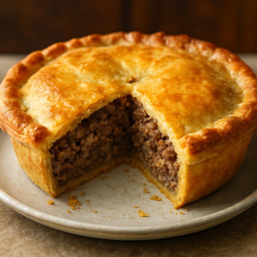 Entree: Canada – Central Culinary Region – Butter Tart Tourtière (Savory Quebec-style meat pie with a rich buttery crust and lightly sweetened spiced meat filling) recipe
