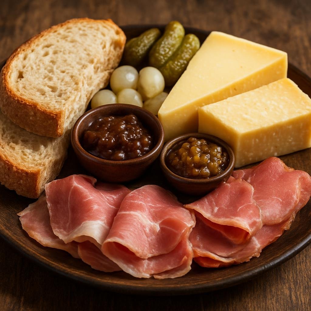 Entree: United Kingdom – England - London & Southeast – Ploughman's Lunch (Rustic cold pub platter featuring bread, cheese, pickles, and cured meats) recipe