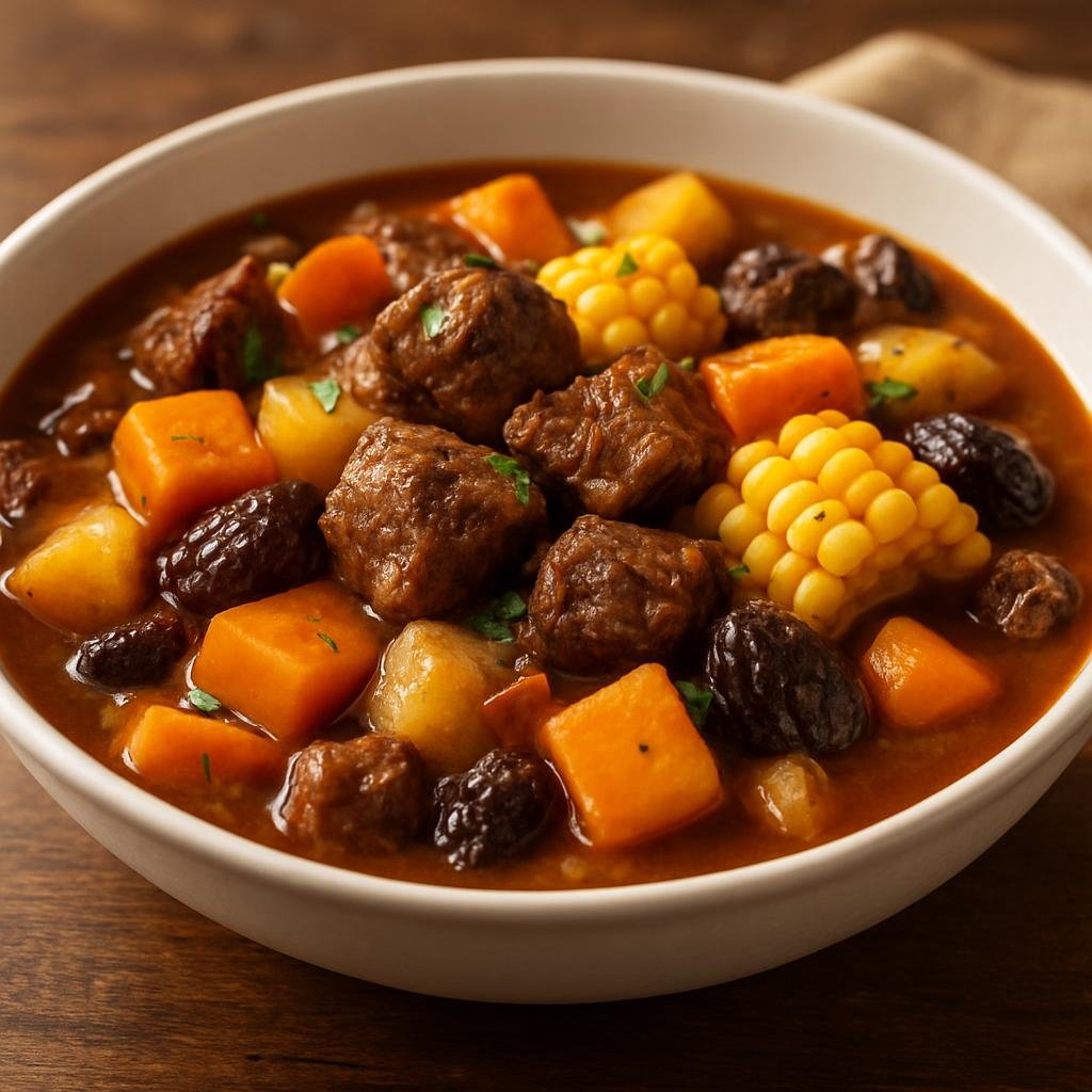Entree: Argentina – Central Culinary Region – Carbonada (Hearty Argentine beef and vegetable stew cooked with squash, corn, potatoes and dried fruit) recipe