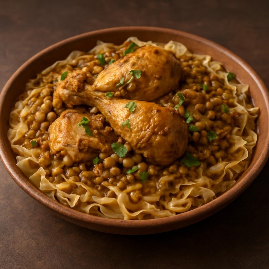 Entree: Morocco – Fez – الرفيسة ➤ Rfissa (Slow-simmered spiced chicken and lentil stew served over shredded thin trid flatbread) recipe