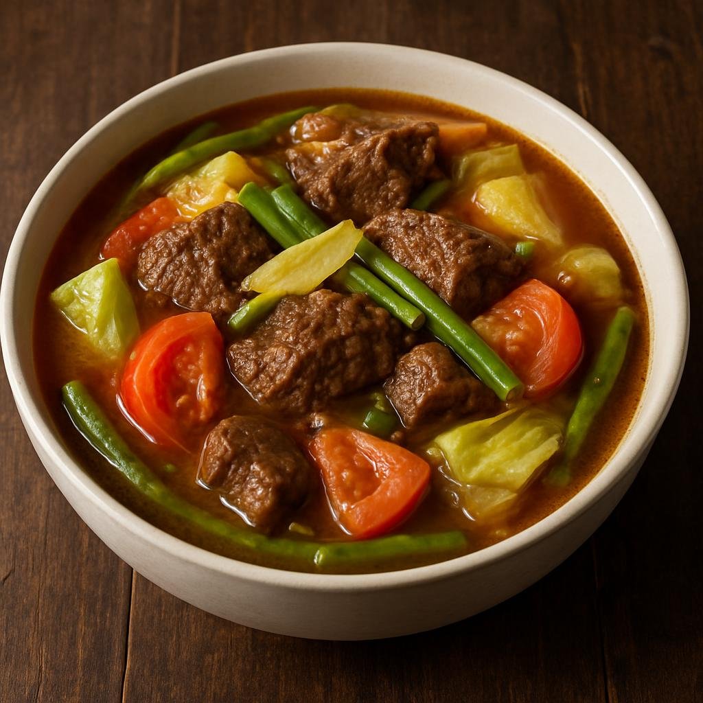 Entree: Philippines – Kapampangan – Pindang Damulag (Kapampangan sour beef stew made with tamarind, tomatoes, ginger, and mixed vegetables) recipe
