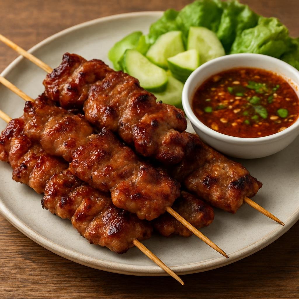 Entree: Thailand – Northeastern Isan – หมูปิ้ง ➤ Moo ping (Thai grilled marinated pork skewers commonly sold as street food) recipe