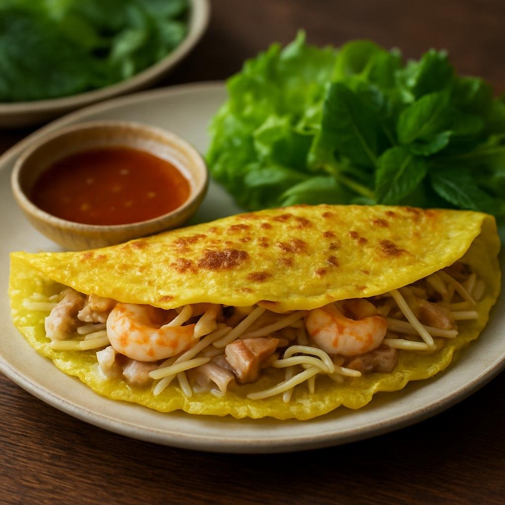 Entree: Vietnam – Hue – Bánh Khoái (Crispy Hue-style rice-flour pancake filled with shrimp, pork, and bean sprouts) recipe