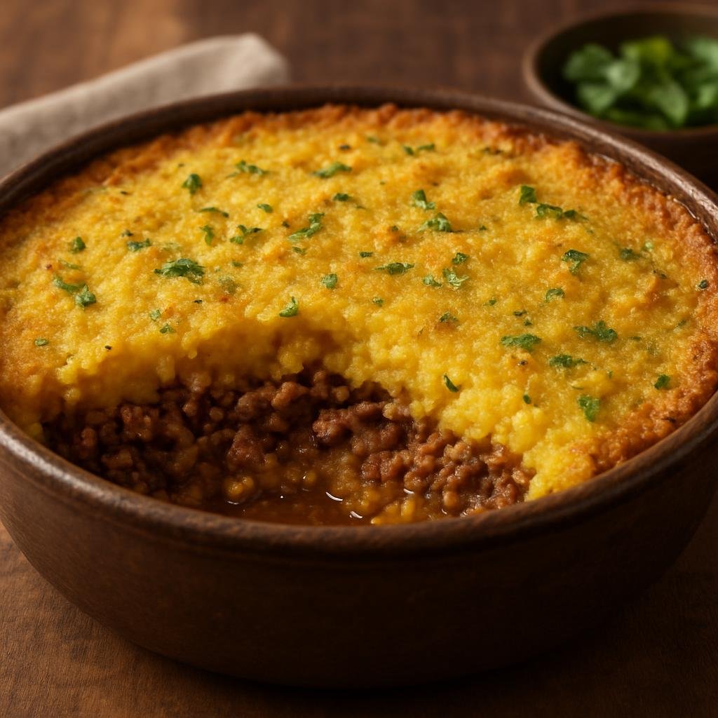 Entree: Chile – Northern Chile – Pastel de Choclo (Baked Chilean corn casserole of seasoned meat topped with a sweet-savory ground corn and basil crust) recipe