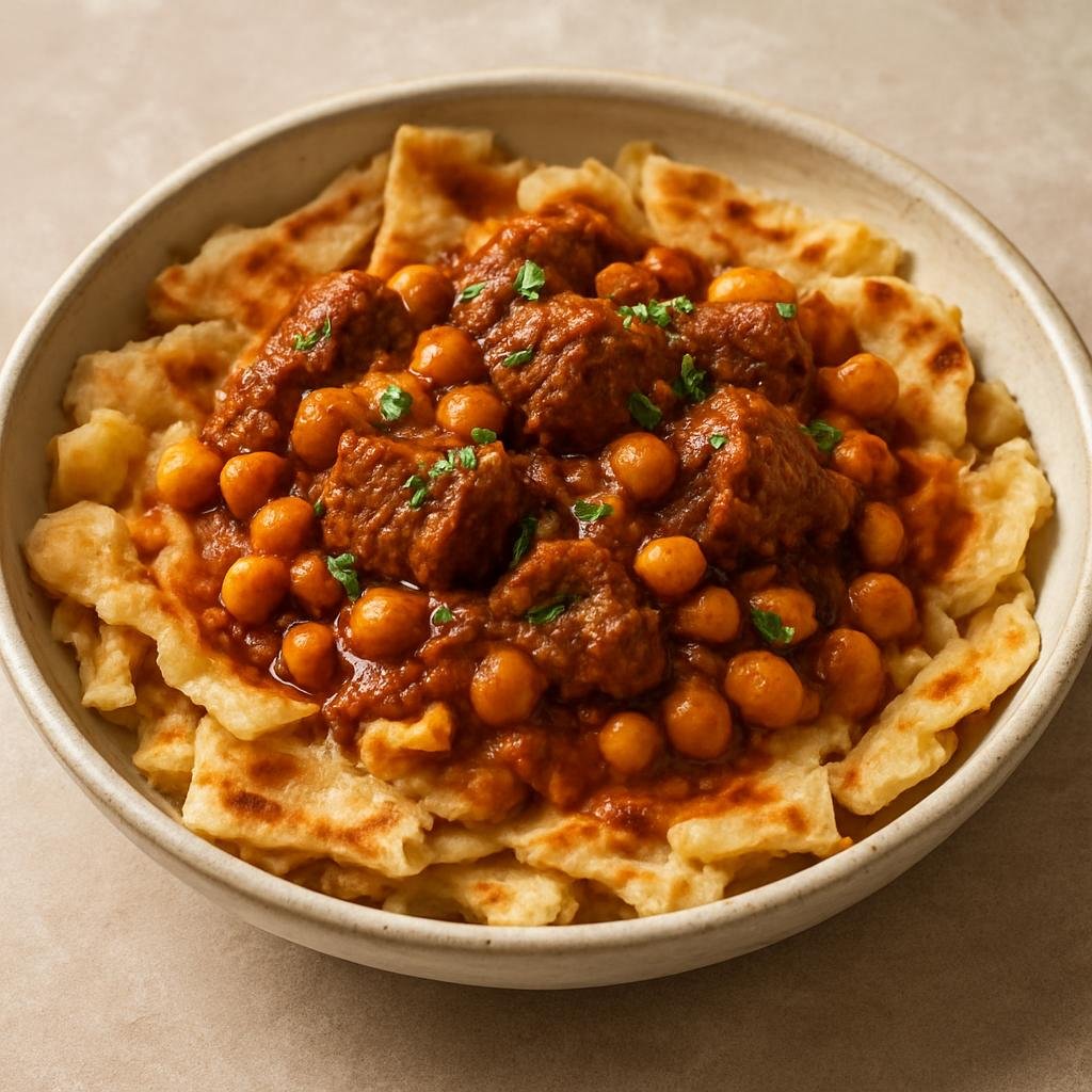 Entree: Algeria – Kabylie – الشخشوخة ➤ Chakhchoukha (Kabyle torn flatbread served with a spiced lamb and chickpea stew) recipe