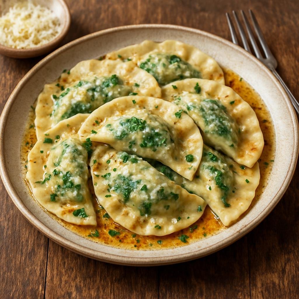 Entree: Austria – Tyrol – Schlutzkrapfen (Tyrolean half-moon stuffed pasta filled with spinach and cheese served with browned butter and Parmesan) recipe