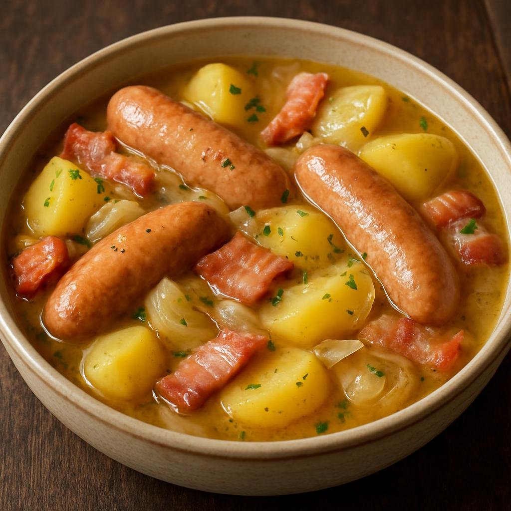 Entree: Ireland – Ulster / Northern Border – Coddle (Hearty one-pot stew of sausages, bacon, potatoes, and onions) recipe