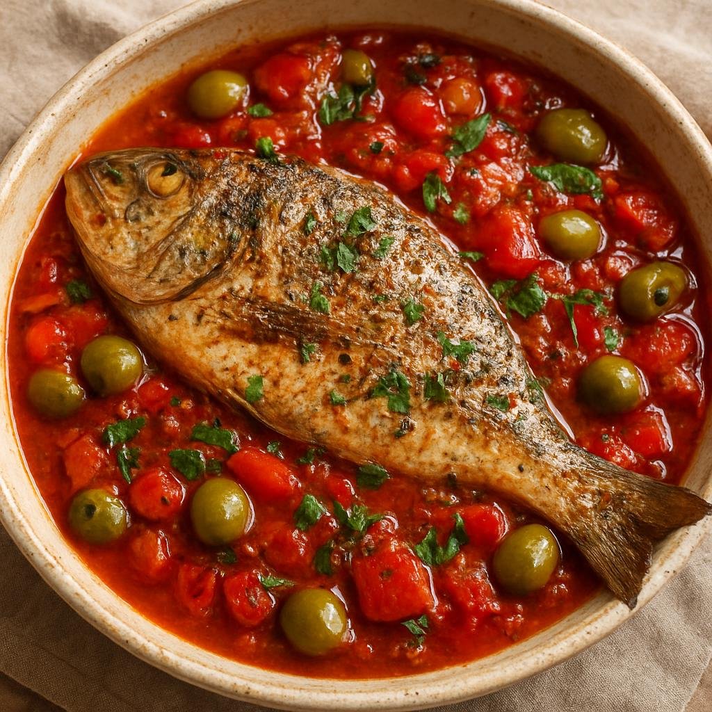 Entree: Israel – Mediterranean Israeli – דג בסגנון יפו ➤ Dag be-signon Yafo (Oven-poached Mediterranean fish in a tomato, pepper, olive and za'atar sauce typical of Jaffa) recipe
