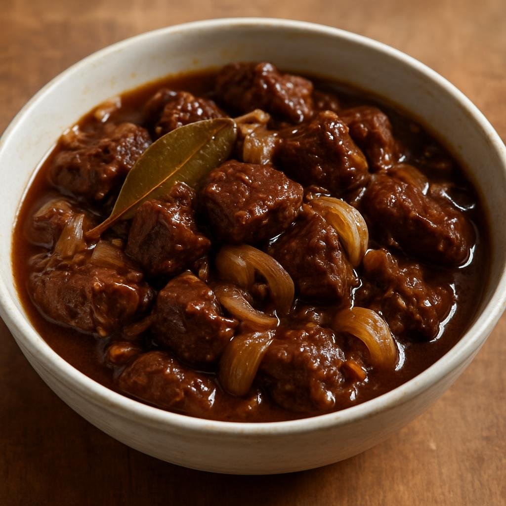 Entree: Netherlands – Limburg – Hachee (Slow-braised Dutch beef and onion stew flavored with vinegar, cloves, and bay leaf) recipe