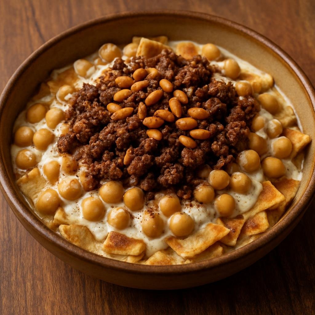 Entree: Syria – Euphrates Valley – فتة حمص ➤ Fattet Hummus (Layered chickpeas and toasted pita baked with yogurt and tahini, finished with spiced lamb and toasted pine nuts) recipe