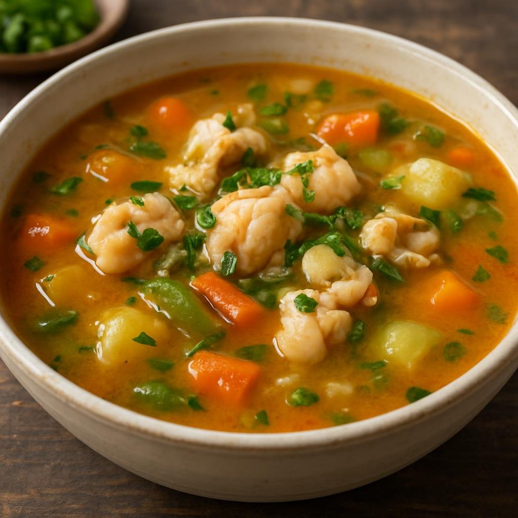 Entree: Antigua and Barbuda – Southern Culinary Region – Conch Water (Traditional Antiguan savory conch soup made with conch meat, vegetables, and island herbs) recipe