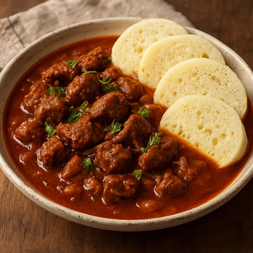 Entree: Czechia – Prague Pub Classics – Guláš (Hearty slow-cooked beef stew seasoned with sweet paprika and onions) recipe