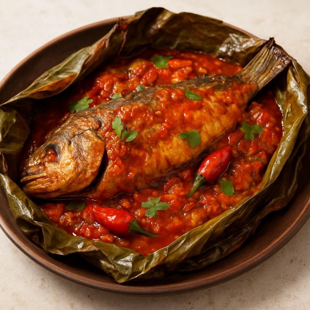 Entree: Democratic Republic of the Congo – Southern Culinary Region – Liboke de Poisson (Steamed or grilled fish wrapped in banana leaves with palm oil, tomatoes, peppers, and aromatics) recipe