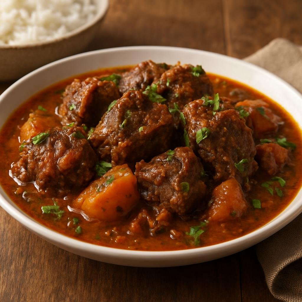 Entree: Dominican Republic – Southern Culinary Region – Chivo Guisado (Dominican braised goat stew simmered in a citrus-spiced tomato and herb sauce) recipe