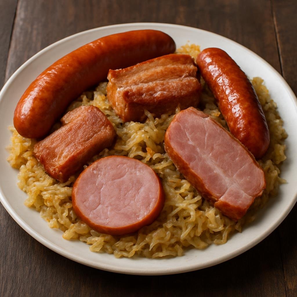 Entree: French Southern Territories – Southern Culinary Region – Choucroute Garnie (Hearty braised sauerkraut cooked with an assortment of sausages and cured pork) recipe