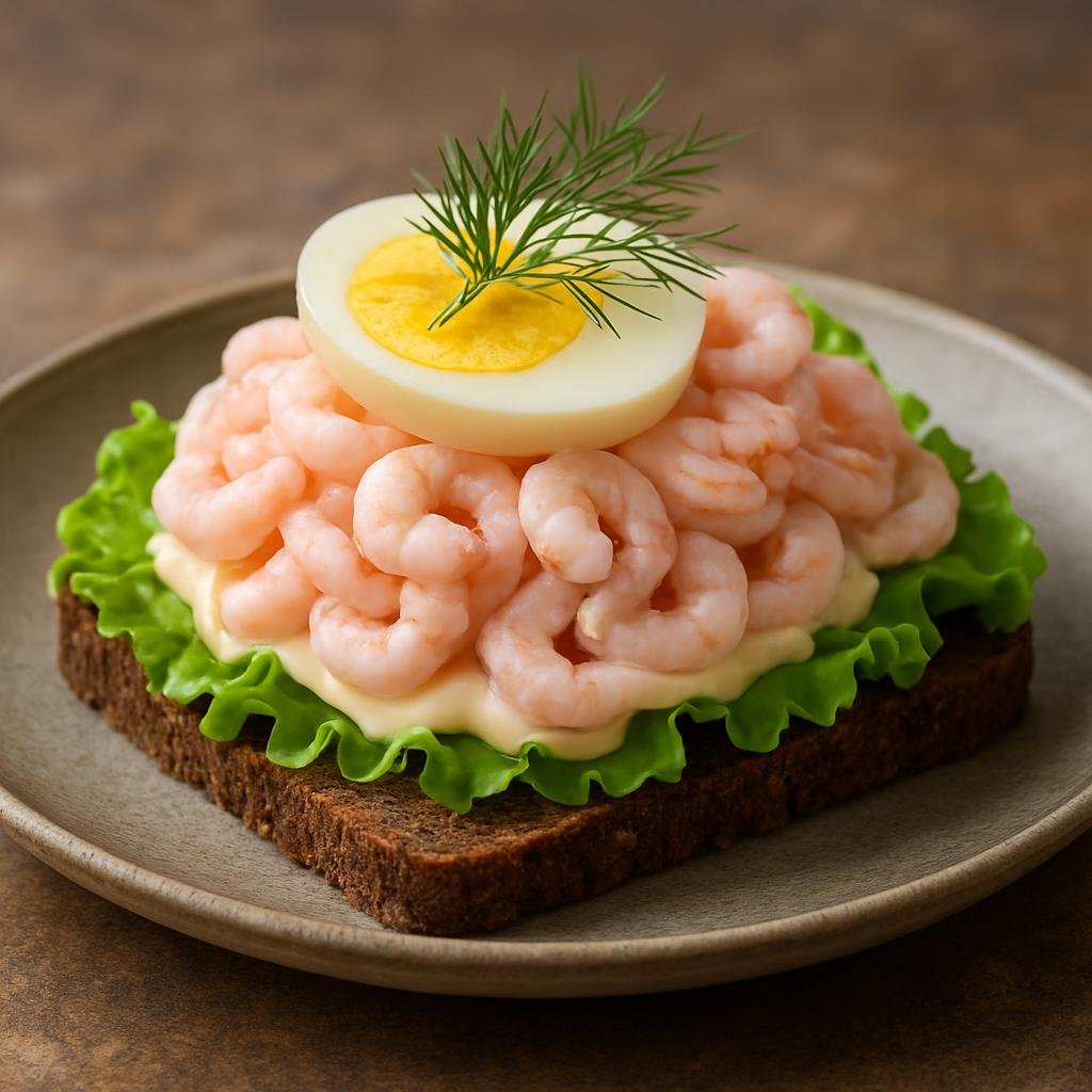 Entree: Sweden – West Coast Sweden – Räksmörgås (Swedish open-faced sandwich topped with cold prawns, mayonnaise, egg and dill) recipe