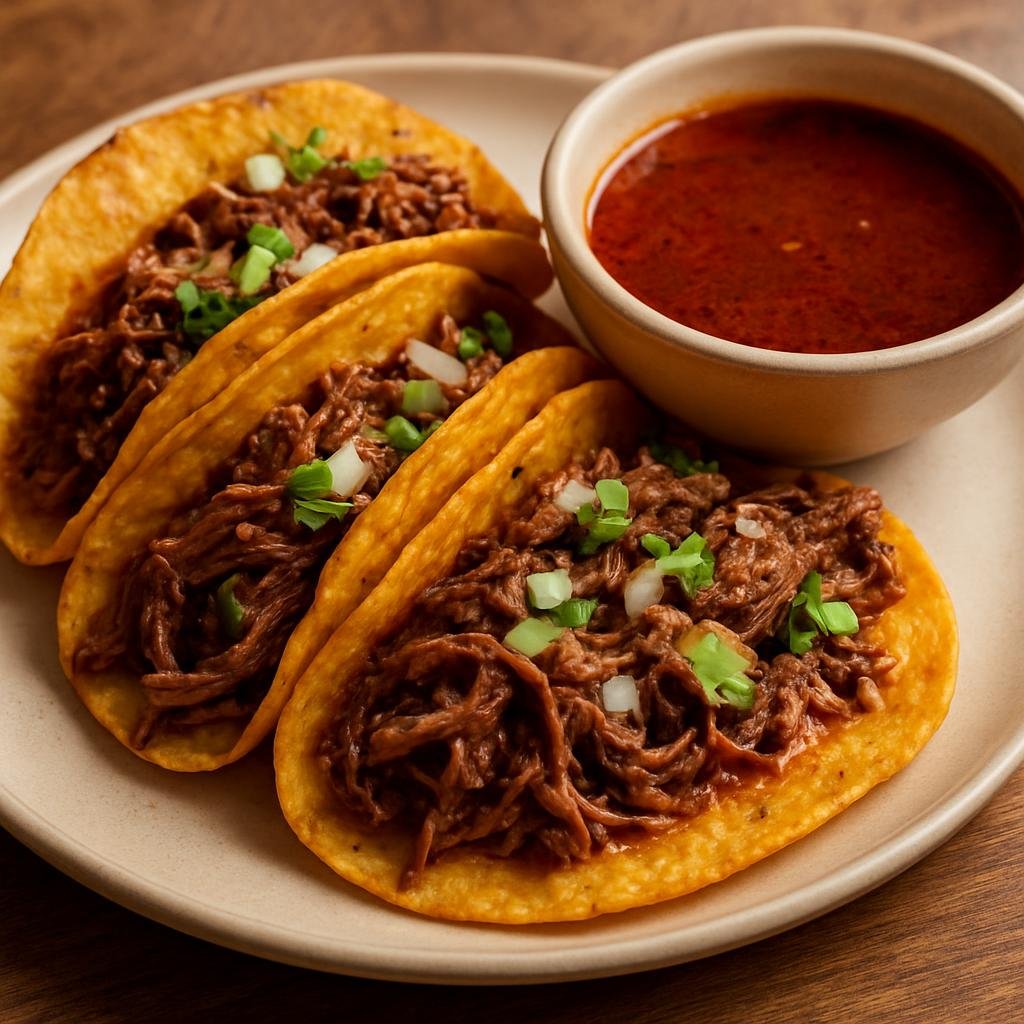 Entree: United States – Arizona-Sonoran – Tacos de Birria (Shredded slow-braised beef served in corn tortillas with a spicy chile consomé for dipping) recipe
