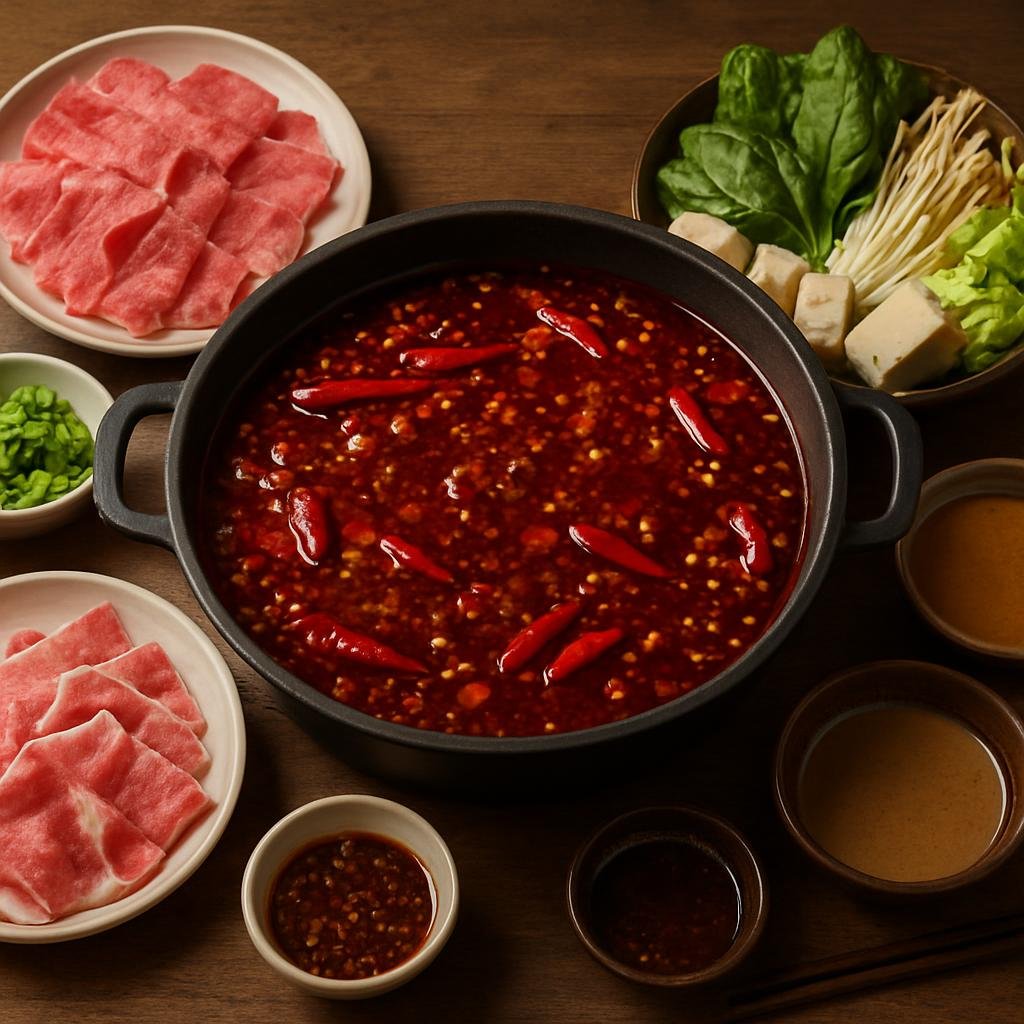 Entree: China – Central Culinary Region – 四川火锅 ➤ Sìchuān huǒguō (Communal spicy simmering broth served with assorted raw meats, vegetables, and dipping sauces) recipe