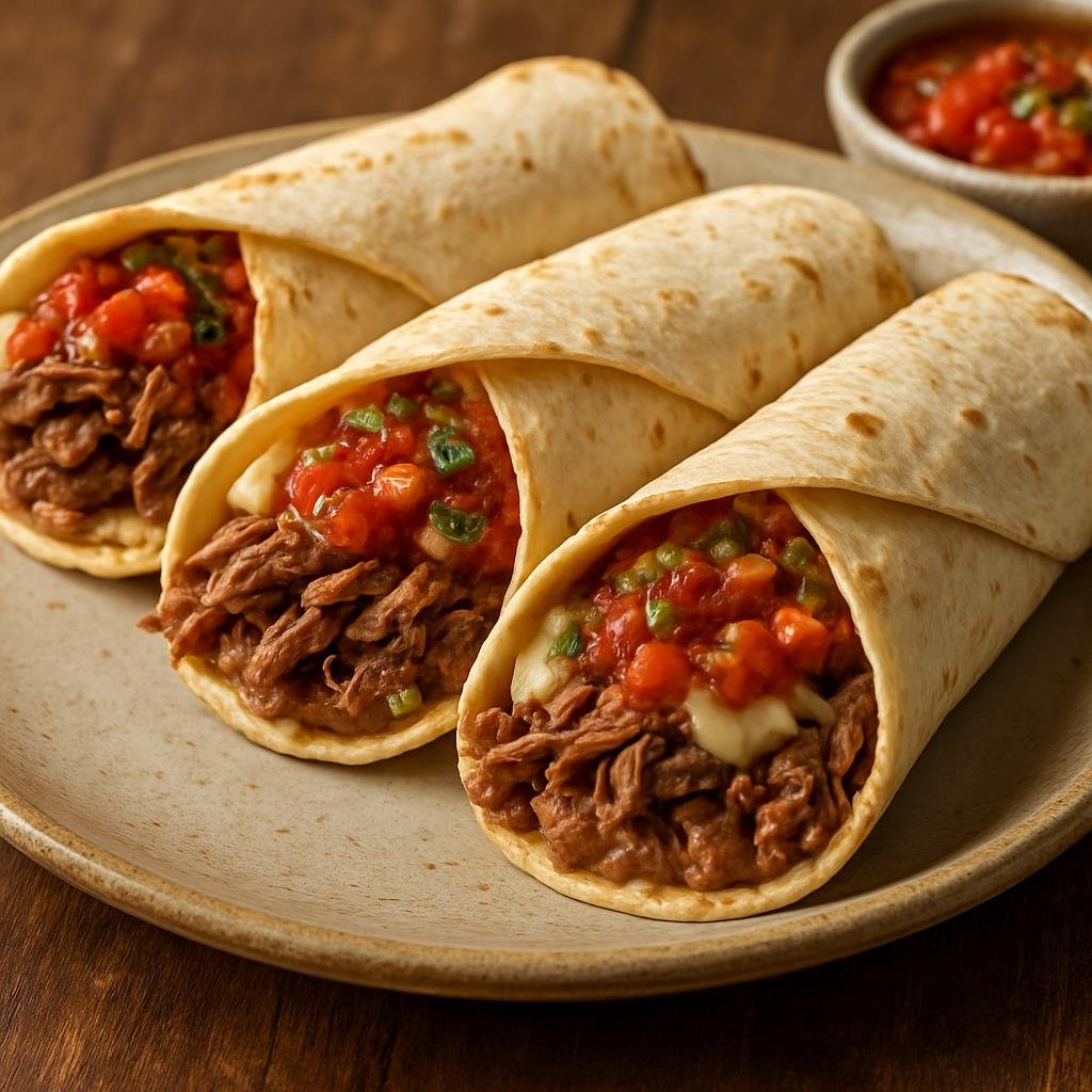 Entree: Mexico – Chihuahua & Northern Mexico – Burritos de Deshebrada (Flour tortillas filled with slow-cooked shredded beef, refried beans, cheese, and salsa) recipe