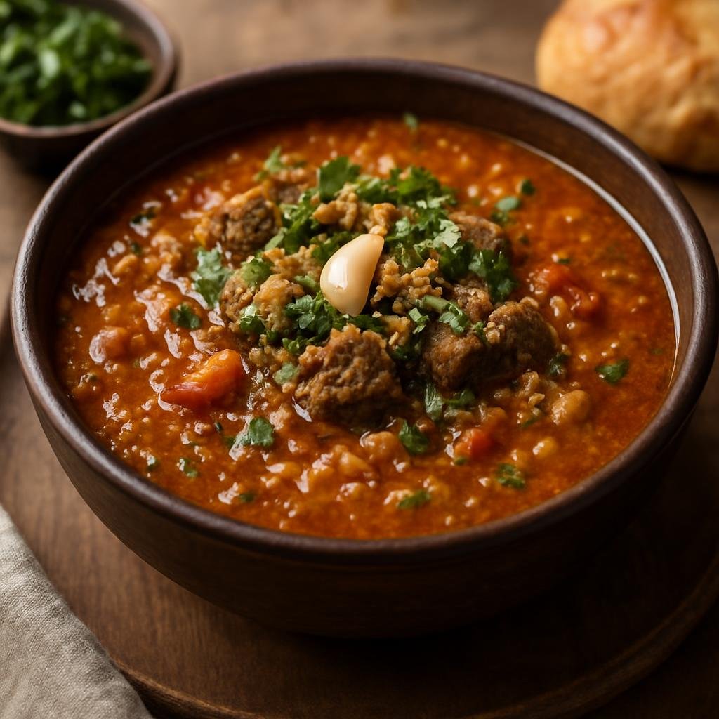 Entree: Russia – Caucasus Russia – Харчо ➤ Kharcho (Hearty Caucasian beef and rice soup enriched with ground walnuts and sour tomato, finished with garlic and fresh herbs) recipe