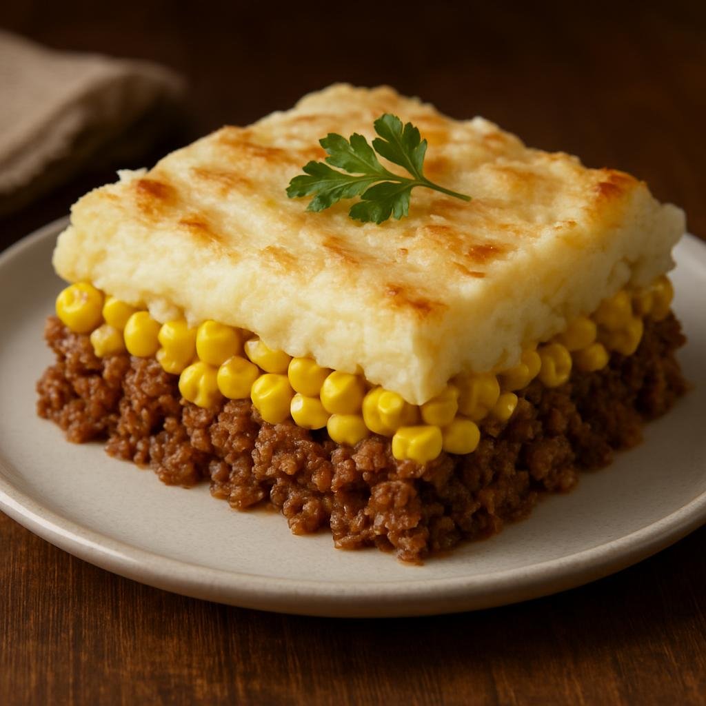 Entree: Canada – Central Culinary Region – Pâté Chinois (Layered casserole of seasoned ground beef topped with corn and mashed potatoes) recipe